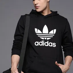 ADIDAS Originals Men Black Trefoil Hoody Printed Pure Cotton Sweatshirt-picture-2