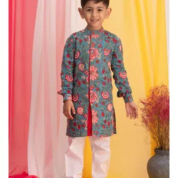 Vastramay Full Sleeves Jaipuri Floral Printed Kurta With Pyjama - Aqua Blue, Red, & White-picture-20