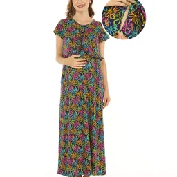 Bella Mama Cotton Knit Half Sleeves Nighty with Concealed Zipper Floral Print - Purple-image-48