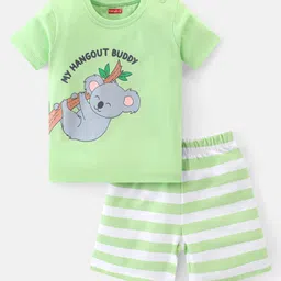 Babyhug Cotton Knit Single Jersey Half Sleeves Night Suit With Koala Print - Green-picture-18