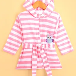 Babyhug Cotton Knit Full Sleeves Striped Hooded  Bathrobe with Owl Embroidery - White & Pink-picture-28