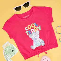 Pantaloons Junior Cotton Half Sleeves Printed Tee - Pink image 1