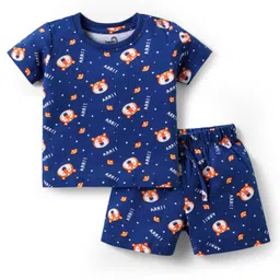 Doodle Poodle 100% Single Jersey Knit Cotton Half Sleeves Co-ords Shorts Night Suit With Tiger Print - Navy Blue-picture-18