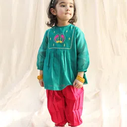 Tiber Taber 100% Chanderi Cotton Full Sleeves Peacock Embroidered Kurta With Salwar Set - Green-image-2