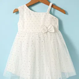 Babyhug Woven Sleeveless Mesh Dress with Bow Applique & Foil Print - White-picture-20