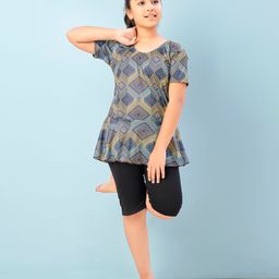 Aarika Half Sleeves Abstract Printed Frock Style Swimsuit - Green & Black-picture-37