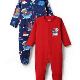 Babyhug Cotton Knit Full Sleeves Footed Sleep Suit With Nautical Theme Print Pack Of 2 - Red & Navy Blue-picture-13