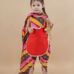 Titrit Cotton Woven Sleeveless Bandhani Designed Gota Lace Embellished Kurta Dhoti With Dupatta Set - Red-picture-27