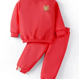 Little Kangaroos Cotton Knit Full Sleeves Winter Wear T-Shirt & Lounge Pant Set With Animal Print - Red-picture-25