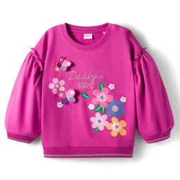 Babyhug Cotton Knit Full Drop Shoulder Volume Sleeves Sweatshirt with Floral Graphics & Butterfly Applique - Dark Pink-picture-26