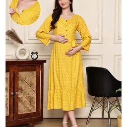 COLOR STUDIO Rayon Woven Three Fourth Sleeves Polka Dot Printed Maternity Maxi Dress With Nursing Access - Mustard-picture-38
