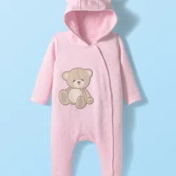 Babyhug Cotton Knit Full Sleeves Front Open Footed Hooded Winter Wear Onesie with Teddy Bear Print - Pink-picture-37