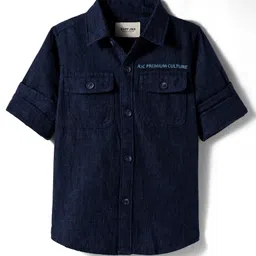Ruff Linen Woven Full Sleeves Solid Cargo Shirt - Navy Blue-image-5