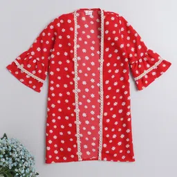 The Magic Wand Cotton Woven Three Fourth Sleeves Floral Printed Lace Detailed Long Jacket - Red-picture-28