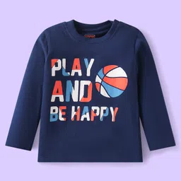 Babyhug Cotton Knit Full Sleeves Night Suit with Text Print & Stripes - Navy Blue image 2