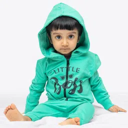 Ariel Pure Cotton Knit Full Sleeves Little Boss Text Printed Light Winter Hooded Sweatjacket & Joggers Set - Green image 4