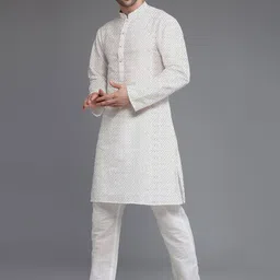 Utsav Fashion Men Embroidered Georgette Kurta Set in Cream image 3