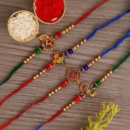 eCraftIndia Set of 4 Multicolor Religious Rakhis with Sibling Agreement & Roli Chawal Pack image 2