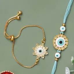 eCraftIndia Set of 2 Floral & Evil Eye Bhaiya-Bhabhi Rakhi with Sibling Agreement & Roli Chawal Pack image 2