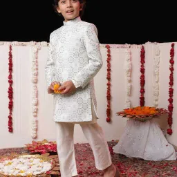 VASTRAMAY Boys White Self Full Sleeves Indowestern Sets image 2