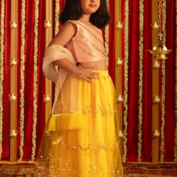 VASTRAMAY Girls Pink & Yellow Embroidery Lehenga Cholis image 2