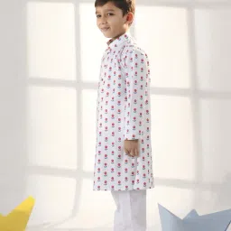 VASTRAMAY Boys White Cotton Floral Full Sleeves Kurta Sets image 2