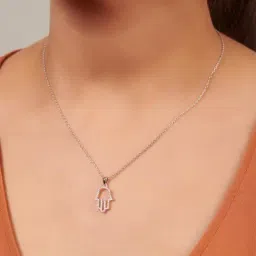 Curio Cottage 92.5 Sterling Silver Hand of Fatima Necklace Embellished with CZ Stones for Women-picture-26