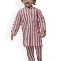 TJORI Girls Striped Printed Mandarin Collar Pure Cotton Curved Kurta With Trousers-image-12