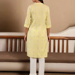 W Yellow Cotton Printed Straight Kurta image 2