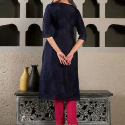 W Navy Embroidered Straight Kurta image 2