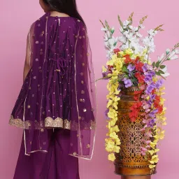 Little Bansi Girls Purple Self Design Kurta, Plazzos with Dupatta image 2