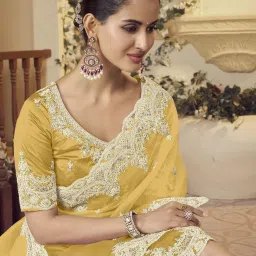 Odette Yellow Organza Embellished Saree With Unstitched Blouse image 2