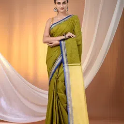 CHARUKRITI Sap Green Cotton Solid Saree With Unstitched Blouse-picture-34