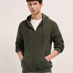 The Bear House Olive Cotton Textured Regular Fit Hoodie-image-21