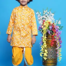 Little Bansi Boys Yellow Embroidered Full Sleeves Sherwani with Dhoti-picture-16