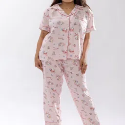 Cherry Lush Printed Lapel Collar Short Sleeves Pocket detailing Night Suit-image-0