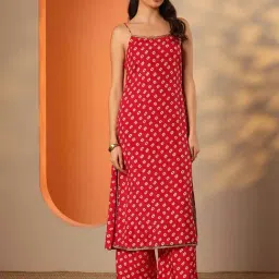 Libas Red Straight Fit Printed Kurta Set-image-2