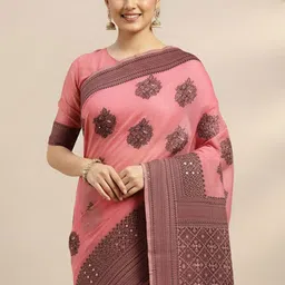 Anouk Rustic Ethnic Motifs Mirror Work Silk Blend Baluchari Saree-image-86