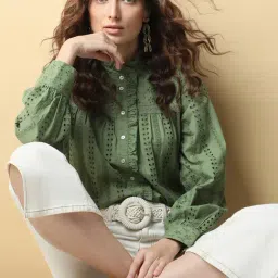 Vero Moda Sage Green Cotton Self Design Shirt-image-8