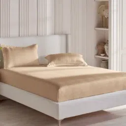 DDECOR Live beautiful Beige Cotton Geometric 300 TC Double Flat Bedsheet with 2 Pillow Covers-image-45