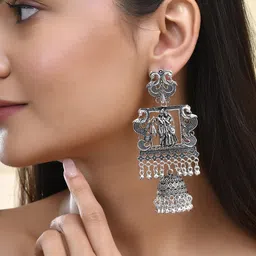 Sangria Stainless Steel Artificial Beaded Oxidised Temple Dome shaped Jhumkas image 3