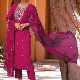 GoSriKi Women Solid Embroidered Kurta with Pyjama & Dupatta-picture-18