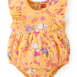 Babyhug 100% Cotton Knit Frill Sleeves Onesie Floral Print - Yellow-picture-15