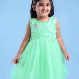 Babyhug Woven Sleeveless Fit & Flared Party Frock with 3D Floral & Butterfly Applique Sequin Detailing - Mint-picture-24