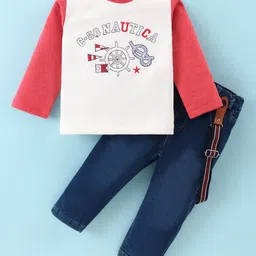Wonderchild Full Sleeves Nautical Theme Embroidered Tee With Mild Washed Pant & Suspender Set - Off White & Navy Blue-image-32