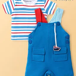 Babyoye 100% Cotton Knit With Eco Jiva Finish Striped Half Sleeves T-Shirt & Dungaree - Blue-picture-22