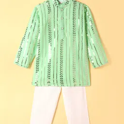 Saka Designs Woven Georgette Full Sleeves Embroidered Kurta with Sequin Detailing & Solid Colour Pyjama Set - Sea Green & White-image-1