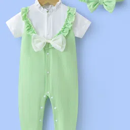 Mark & Mia Half Sleeves Bow Appliqued Romper with Attached Top & Headband - Light Green-picture-11