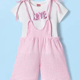 Twetoons Cotton Woven Half Sleeves T-Shirt & Dungree Style Romperwith Checks & Love Text Print - Pink-picture-11