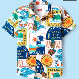 Babyhug Cotton Knit Half Sleeves Shirt With Tropical Print - White-picture-26